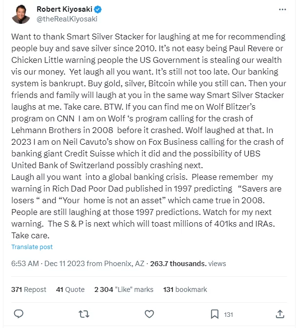 Робърт Кийосаки в туитър по повод предупреждението за срив на S&P - 11 декември 2023 г.